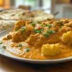 Veganes Butter Chicken mit Blumenkohl: Cremige Curry-Cremesauce mit goldgerösteten Blumenkohlröschen, garniert mit frischem Koriander und Chiliflocken – serviert in einer gusseisernen Pfanne.