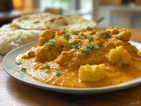 Veganes Butter Chicken mit Blumenkohl: Cremige Curry-Cremesauce mit goldgerösteten Blumenkohlröschen, garniert mit frischem Koriander und Chiliflocken – serviert in einer gusseisernen Pfanne.
