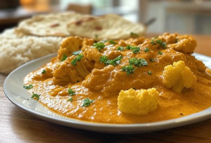 Veganes Butter Chicken mit Blumenkohl: Cremige Curry-Cremesauce mit goldgerösteten Blumenkohlröschen, garniert mit frischem Koriander und Chiliflocken – serviert in einer gusseisernen Pfanne.